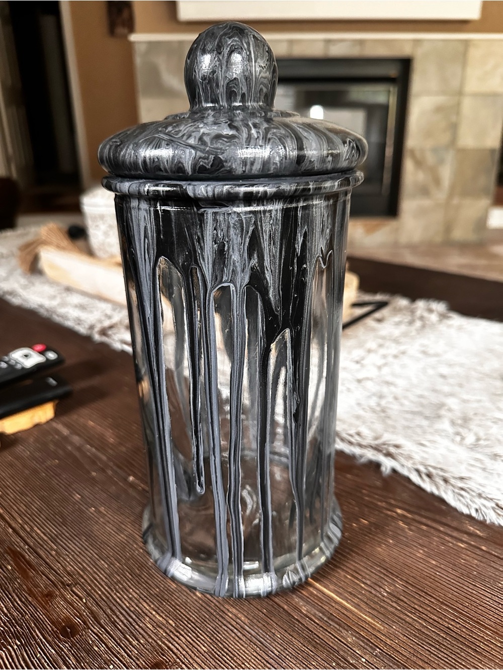 Hand crafted Black and silver Marble Effect glass Canister with Lid